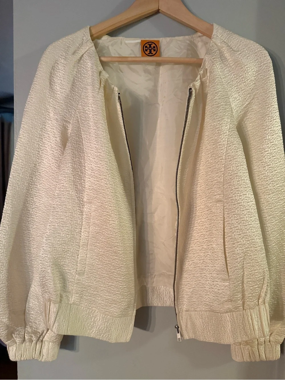 Tory Burch Cream Textured Zip-Front Bomber Jacket
